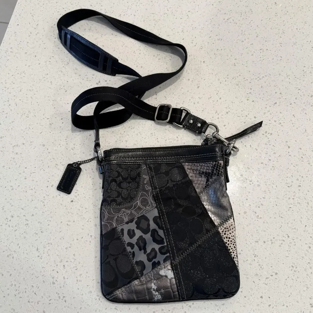 Vtg Coach Patchwork Crossbody Bag Small Black Leopard Leather Studded 42070 Y2K